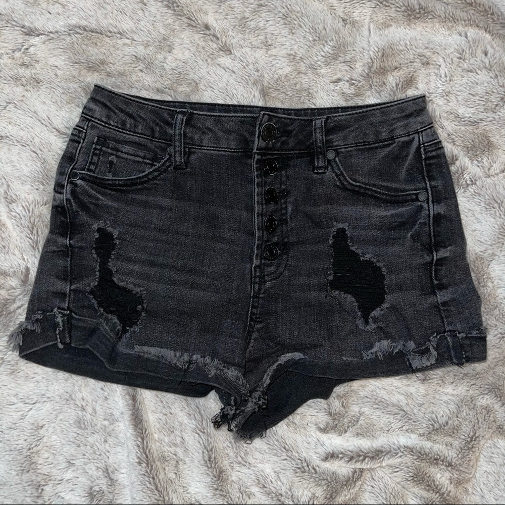 Black destructed denim high waisted shorts